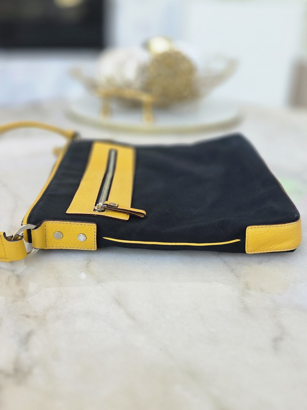 Kate Spade New York Black Canvas Yellow Leather Trim Messenger Crossbody. - Picture 5 of 11